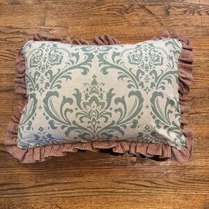 Decorative Pillow - cream/teal design with tan/rust ruffle trim